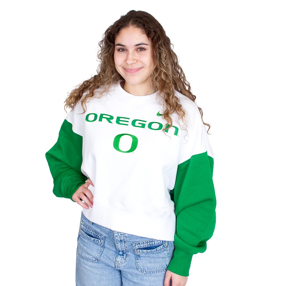 Classic Oregon O, Nike, White, Pullover, Cotton Blend, Women, Color block, Crew Neck, Sweatshirt, 813951